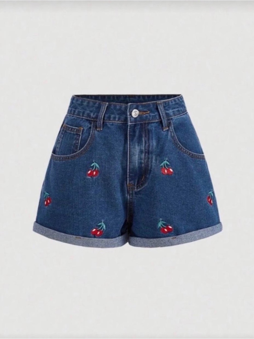 SHEIN Blue Denim High-Waist Shorts with Red Cherry Embroidery